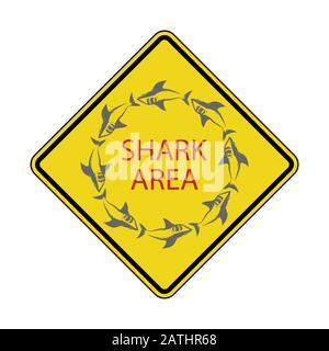 Danger Shark Zone. Beware of Sharks. Yellow Square Warning Sign. Dangerous Sea Life. Swim at Own Risk. High Risk Area Stock Vector