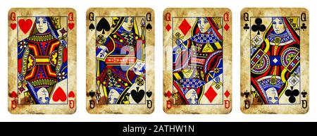 Four Queens Vintage Playing Cards - isolated on white Stock Photo