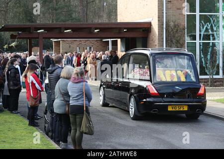 RETRANSMITTING CORRECTING THE NAME OF THE FUNERAL VENUE. A hearse carrying the coffin of Amy Appleton arrives at St Richard's Chapel, Surrey & Sussex Crematorium, for her funeral. The 32-year-old teacher was killed on December 22 2019, along with Sandy Seagrave, 76, following an incident in Crawley Down, West Sussex. Stock Photo