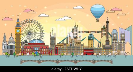 Colorful vector line art illustration of London landmarks in sundown time. London skyline vector illustration. Set of vector colorful illustration of Stock Vector
