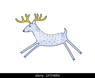 Vector Rudolph the Red Nose Deer Running, Happy Raindeer Vector Illustration Isolated on White Background, Winter Holidays Christmas Clip Art Stock Vector