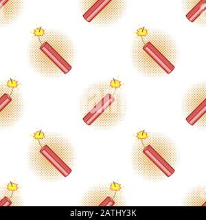Bomb Icon Seamless Pattern on Orange Halftone Background. Detonate Dynamite Concept. TNT Red Stick. Stock Vector