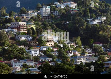 Houses on forested hillside neighborhood, Port of Spain, Trinidad & Tobago Stock Photo