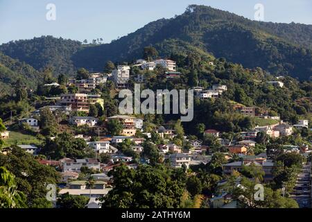 Houses on forested hillside neighborhood, Port of Spain, Trinidad & Tobago Stock Photo