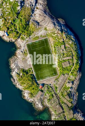 Football field stadium in Henningsvaer from above. Stock Photo