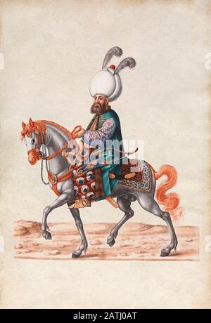 The history of Ottoman Empire. Greek beglerbeg in the Turkish army. 16th century. Stock Photo