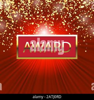 Award Banner with Gold Letters on Red Background with Yellow Confetti. Winners Lottery Game Sign. Stock Vector