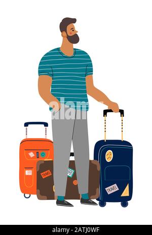 A waiting man with suitcases. Isolated cartoon flat vector illustration on white Stock Vector