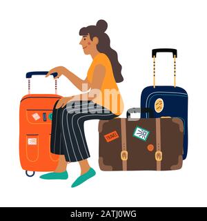 A waiting woman with suitcases. Isolated cartoon flat vector illustration on white Stock Vector