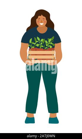 Smiling Woman holding a box with garden seedlings. Isolated cartoon illustration Stock Vector