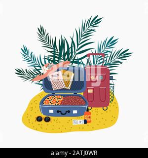 Isolated suitcases, sunglasses, hat and sunscreen on beach sand surrounded by tropical leaves. Vector cartoon illustration Stock Vector