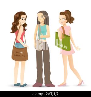 Modern girls holding canvas fabric bag for shopping isolated on white background Stock Vector