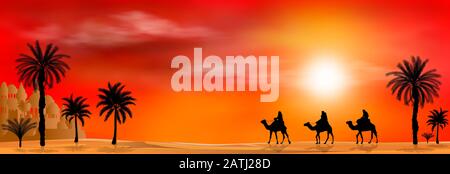 Camel riders in a sandy desert. Caravan on a sunset background. Palm tree. Stock Vector