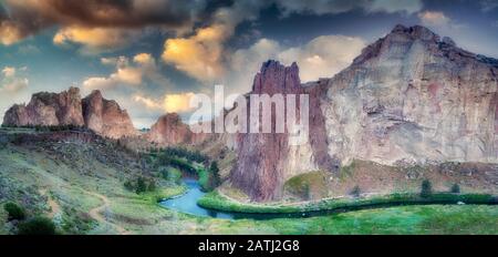 Smith Rock State Park, with Crooked River and sunrise. Oregon Stock Photo