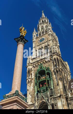 Marienplatz with New Town Hall (Neues Rathaus), Glockenspiel in Munich, Germany Stock Photo