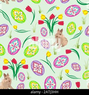 Vector seamless pattern with Easter eggs, cute rabbits and flowers Stock Vector