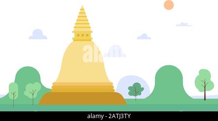 Golden pagoda and nature landscape vector illustration.Thailand pagoda flat design. Stock Vector