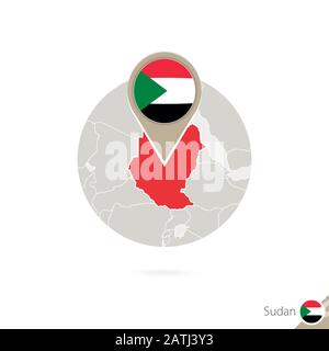 Sudan map and flag in circle. Map of Sudan, Sudan flag pin. Map of Sudan in the style of the globe.. Vector Illustration. Stock Vector