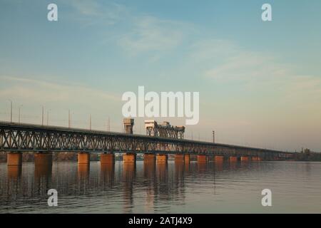 Amur (Old) railway bridge across the Dnieper River in Dnepropetrovsk, Ukraine Stock Photo