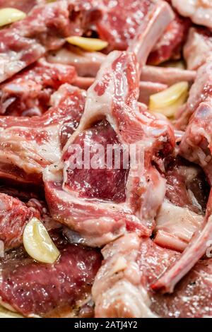Raw Meat Marinated Lamb Chops on Tray / Marinating Before Cooking. Organic Food. Stock Photo