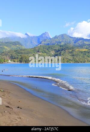 Black sand beach on Tahiti island. Matavai Bay, point Venus Stock Photo