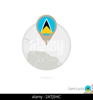 Saint Lucia map and flag in circle. Map of Saint Lucia, Saint Lucia flag pin. Map of Saint Lucia in the style of the globe. Vector Illustration. Stock Vector