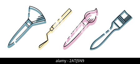 Icon set. Tools of the artist. Brushes and palette knives. Brushes of different shapes. Art accessories.. Stock Vector