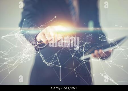 business man pointing index finger to visual network or connection plexus Stock Photo
