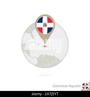 Dominican Republic map and flag in circle. Map of Dominican Republic, Dominican Republic flag pin. Map of Dominican Republic in the style of the globe Stock Vector