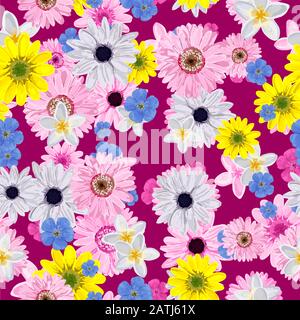SEAMLESS VECTOR FLOWER PATTERN. Realistic flowers. Spring bright colors.. Stock Vector