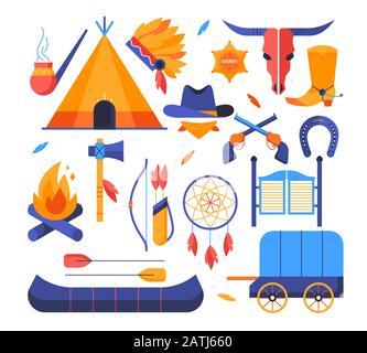 Wild west - set of flat design style elements Stock Vector