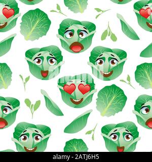 Cute seamless pattern with cartoon emoji cabbage Stock Vector