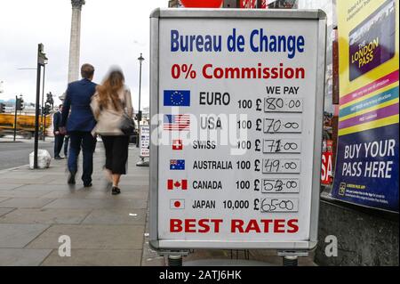 London, UK.  3 February 2020.  People pass by signs outside a foreign currency exchange near Trafalgar Square.  Boris Johnson, Prime Minister, has given a speech in Greenwich calling for a Canada-style free trade deal between the UK and European Union.  In the EU-Canada deal import tariffs on most goods have been eliminated between the two countries, but some customs and VAT checks still exist.  Currency markets have seen a fall in sterling in reaction to the speech.  Credit: Stephen Chung / Alamy Live News Stock Photo