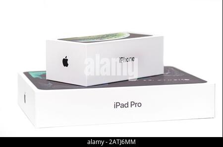 NY - FEB 03: Boxes with I iPhone and iPad Pro, isolated in NY on February 03. 2020 in USA Stock Photo