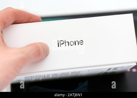 NY - FEB 03: Boxes with I iPhone and iPad Pro, isolated in NY on February 03. 2020 in USA Stock Photo
