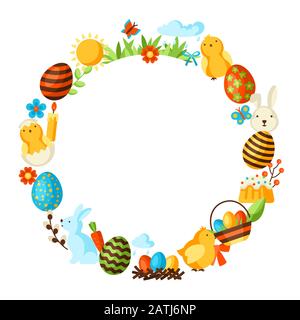 Happy Easter frame with holiday items. Stock Vector