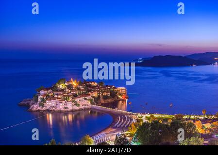 View of Sveti Stefan from above in evening, Montenegro Stock Photo