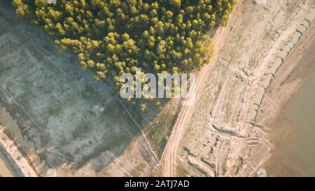 Top aerial view from a drone flying green wild and land Stock Photo