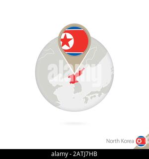 North Korea map and flag in circle. Map of North Korea, North Korea flag pin. Map of North Korea in the style of the globe. Vector Illustration. Stock Vector
