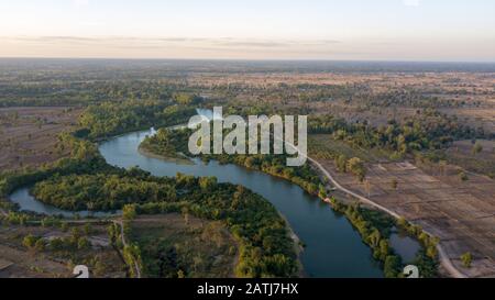 Aerial view sunset and the curve  river this landscape in Thailand Stock Photo