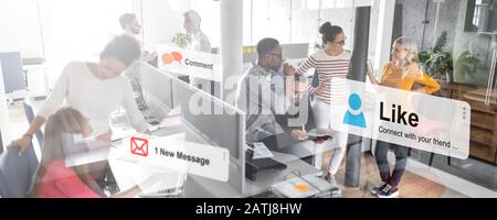Like and share social media. Virtual cloud shows adding new friends. Stock Photo