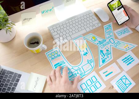 Ux Graphic designer creative sketch planning application process development prototype wireframe for web mobile phone . User experience concept. - Ima Stock Photo