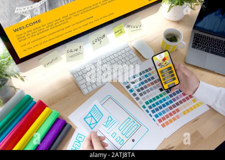 Ux Graphic designer creative sketch planning application process development prototype wireframe for web mobile phone . User experience concept. - Ima Stock Photo