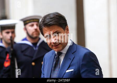 Rome, Italy. 3rd Feb, 2020. Italian Premier Giuseppe Conte arrives to welcome the Hungarian Prime Minister at Chigi Palace. Credit: Riccardo De Luca Credit: Update Images/Alamy Live News Stock Photo