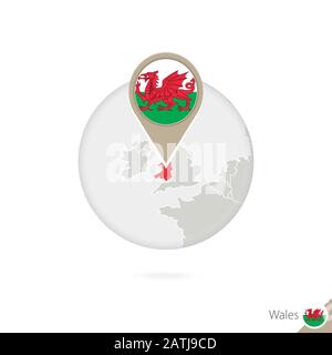 Wales map and flag in circle. Map of Wales, Wales flag pin. Map of Wales in the style of the globe. Vector Illustration. Stock Vector