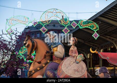 Las Fallas,papermache models are constructed then burnt in the traditional celebration in praise of St Joseph on March 18,2019 in Valencia, Spain. Stock Photo