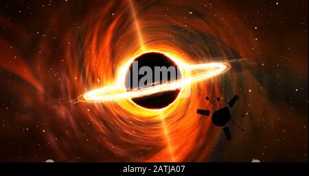 Black hole exploration by spacecraft. Vortex in galaxy center. Dark star with energy swirl ring. Deep space research. Cosmos, science, and astronomy a Stock Photo