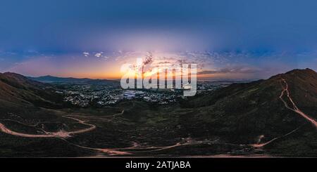 360 degree panoramic view of Aerial View of rural green fields in Hong Kong border at sunset