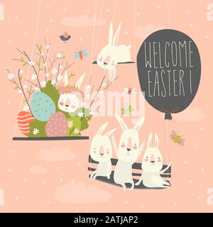 Cute cartoon bunny with Easter eggs and flowers Stock Vector