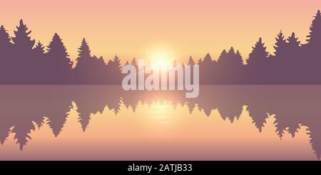 beautiful lake at sunrise pine forest nature landscape vector illustration EPS10 Stock Vector